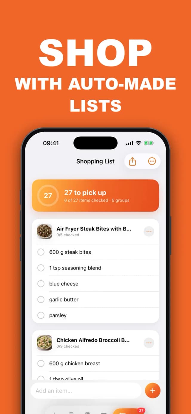 AirFryer Chef – shopping list grouped by recipe