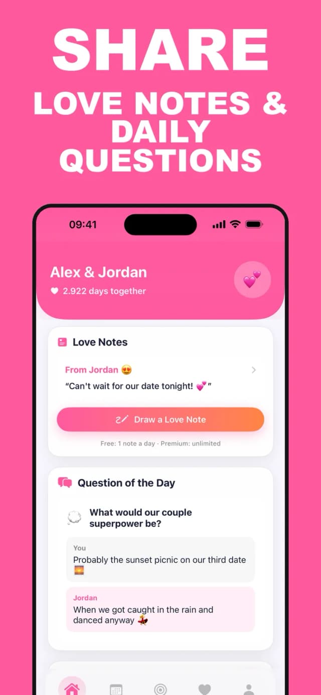 CoupleGoals couples app – shared home screen with days together