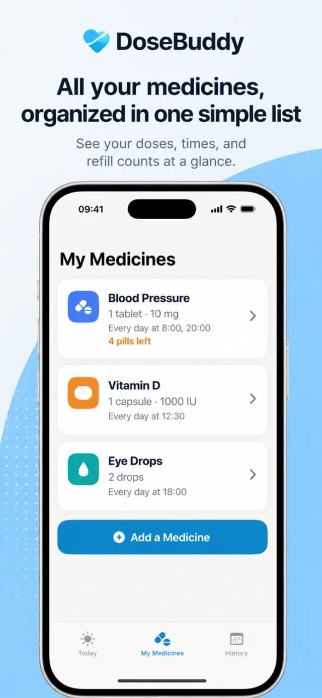 DoseBuddy – add a medicine with dosage and reminder times