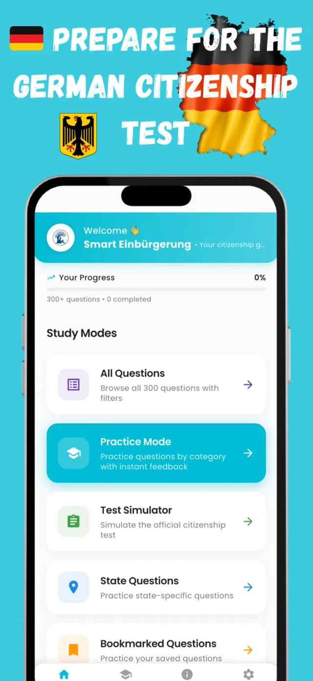 Einbürgerungstest 2026 App – alle 310 offiziellen BAMF Fragen üben