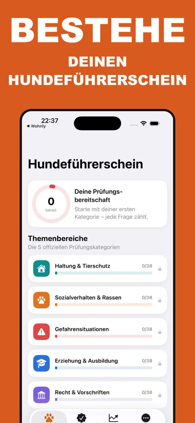 Hundeführerschein App – Startseite mit Prüfungsvorbereitung