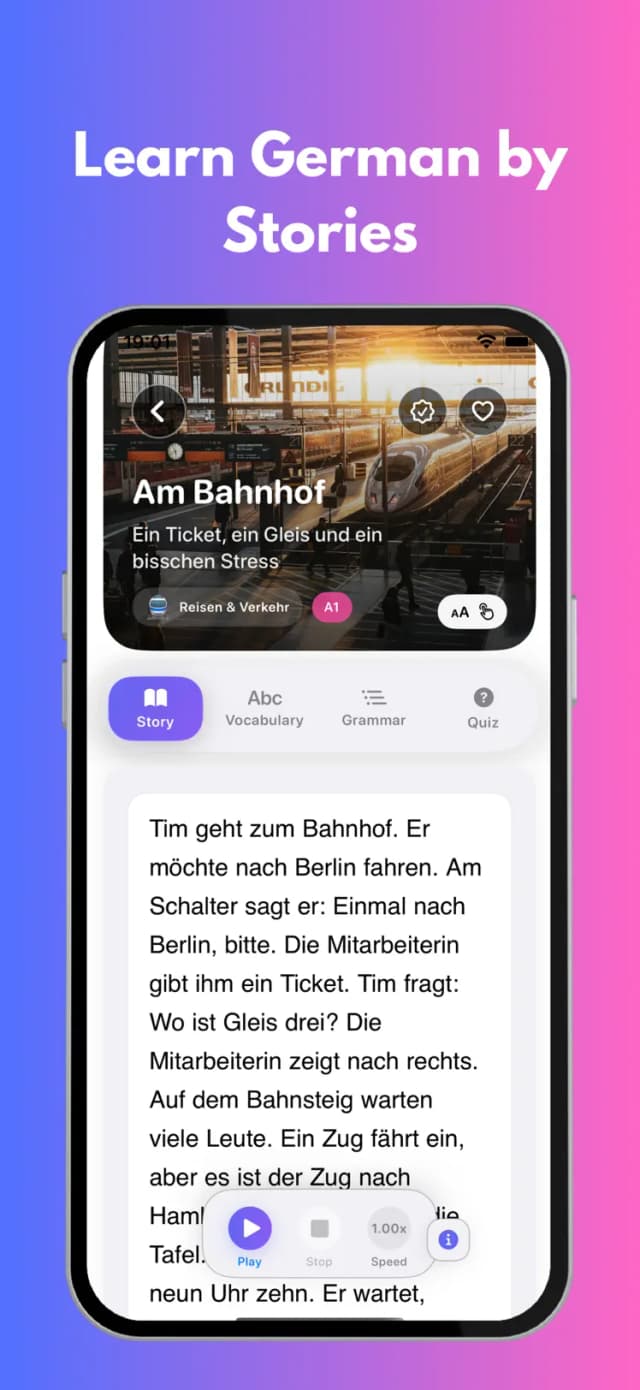 Lesen Lab German reading app – learn German by stories with a graded A1 story and audio player