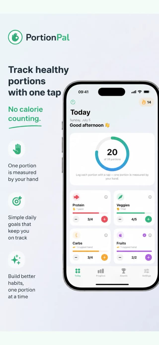 PortionPal portion control app – balanced plate overview on iPhone