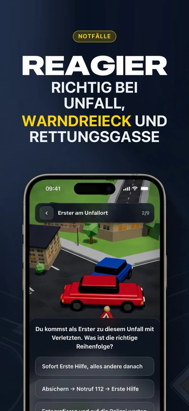 Fahrschule 3D – Notfallsituation mit Warndreieck und Unfallstelle